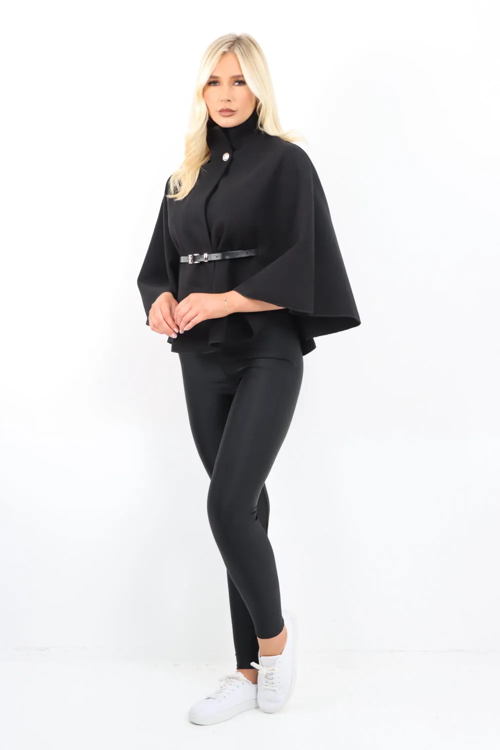 Italian Belted High Neck  Button Cape Coat