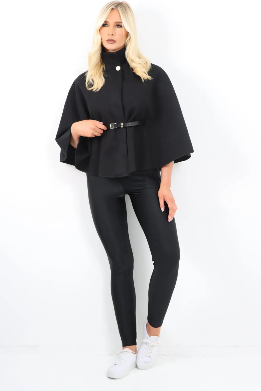 Italian Belted High Neck  Button Cape Coat