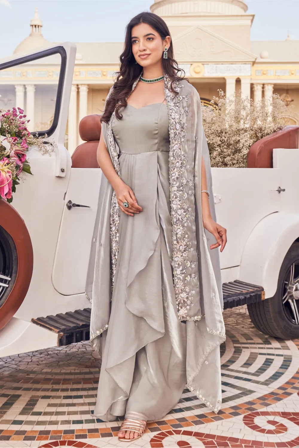 Jannet 1 Paper Organza Gown with Embellished Cape