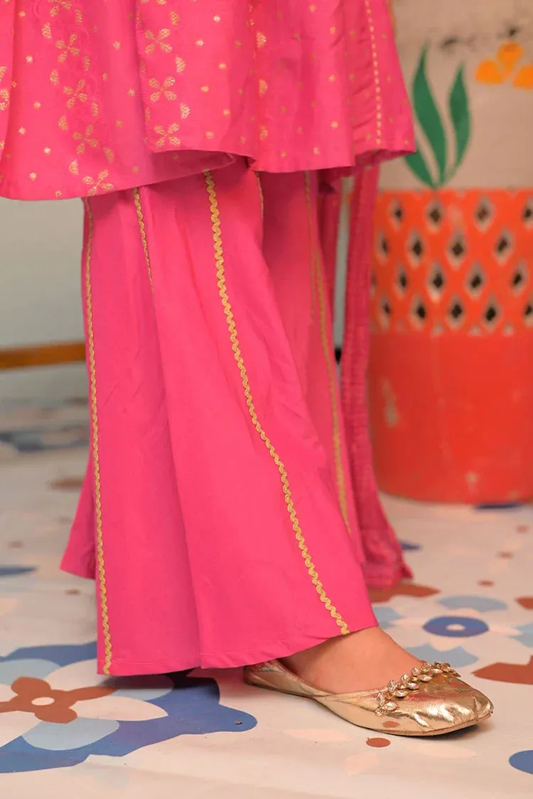 KBD-02856 | Shocking Pink & Gold | Casual Plus 3 Piece Suit | Cotton Jacquard