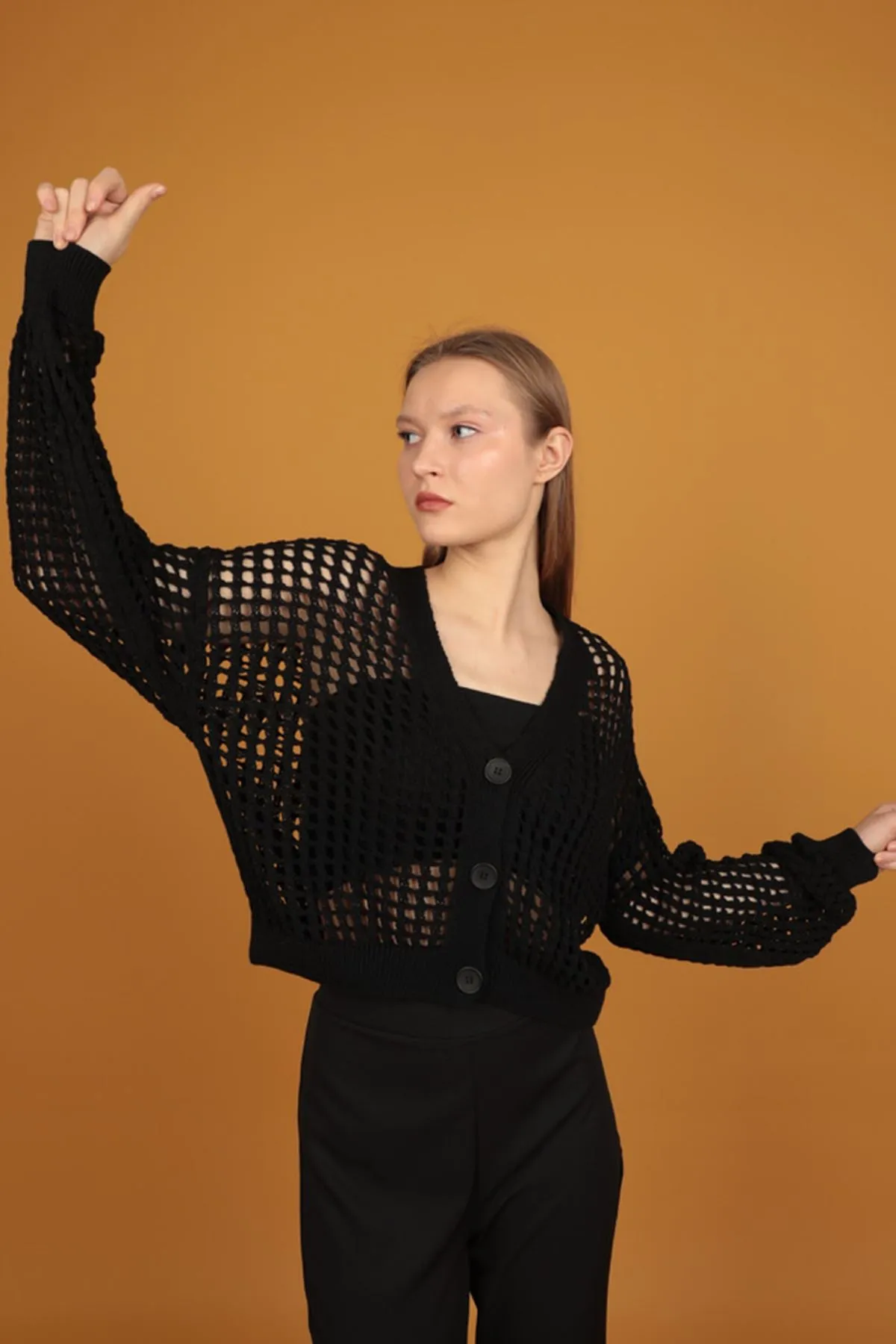KKT Button Detail Women's Knitwear Cardigan-Black - Springfield
