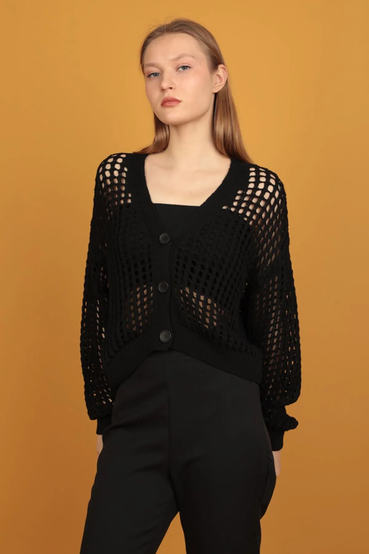 KKT Button Detail Women's Knitwear Cardigan-Black - Springfield