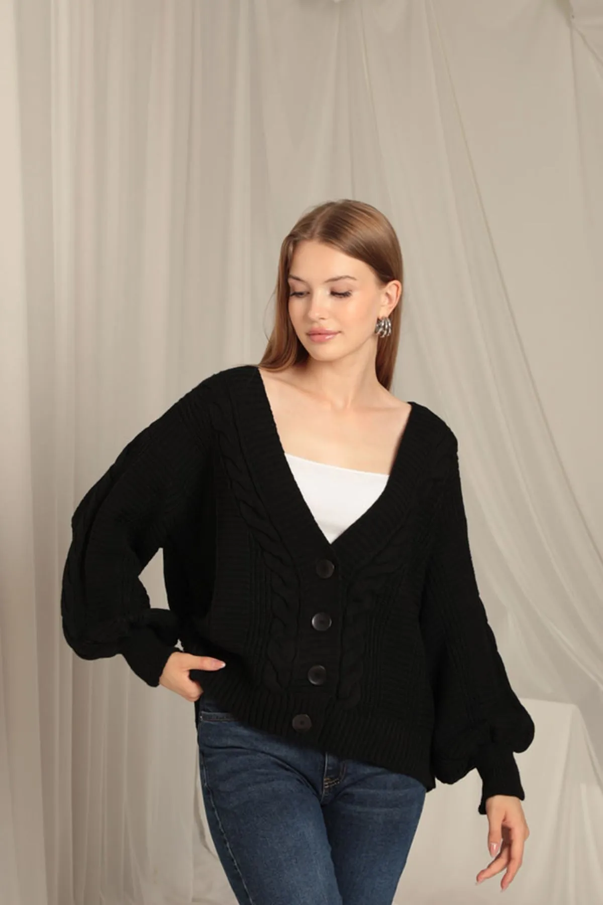 KKT Knitwear Fabric Knit Detailed Women's Black Cardigan - Charleville-Mézières