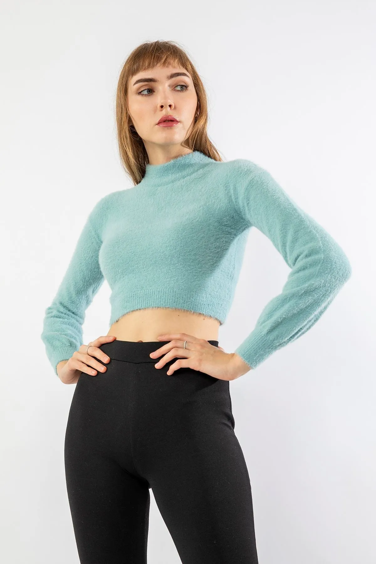 KKT Knitwear Fabric Long Sleeve High Neck Women Sweater - Light Blue - Olympia