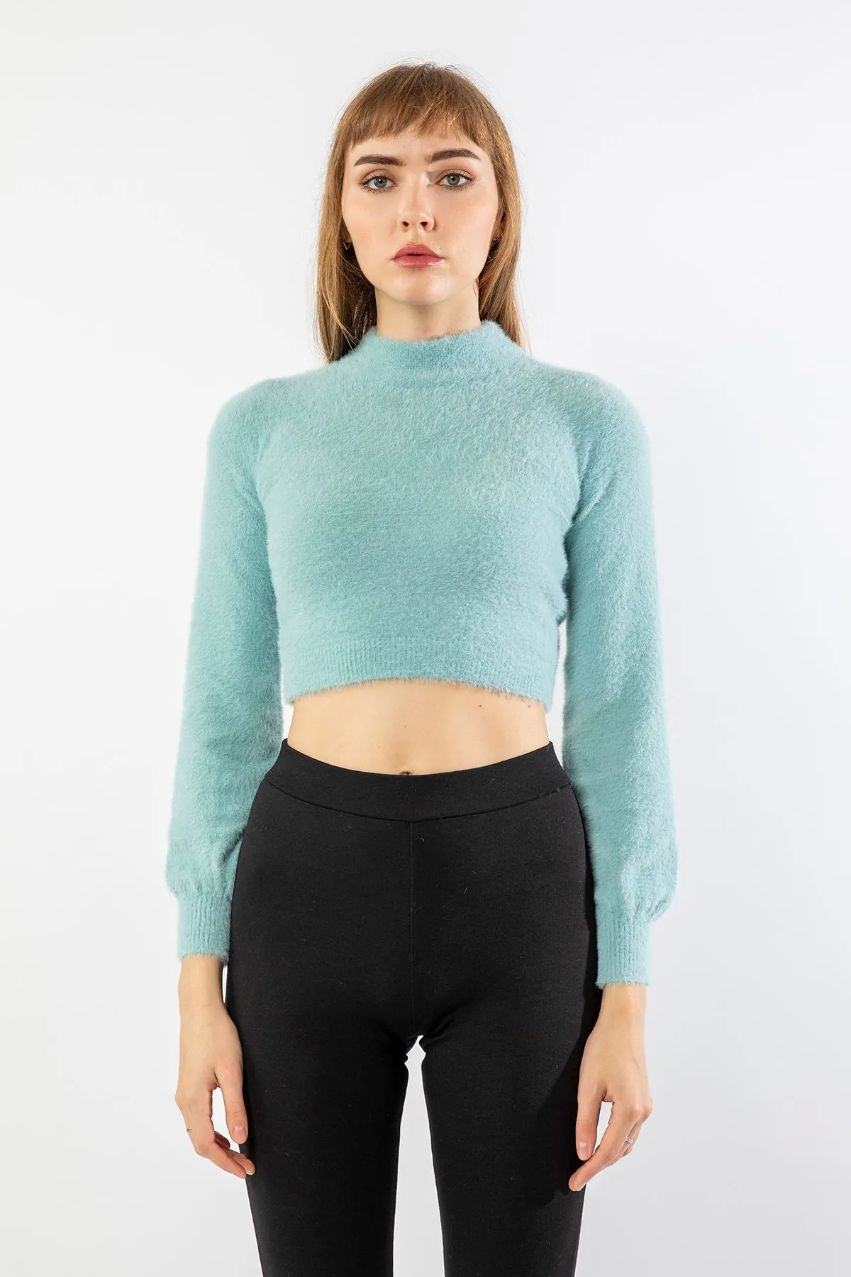 KKT Knitwear Fabric Long Sleeve High Neck Women Sweater - Light Blue - Olympia
