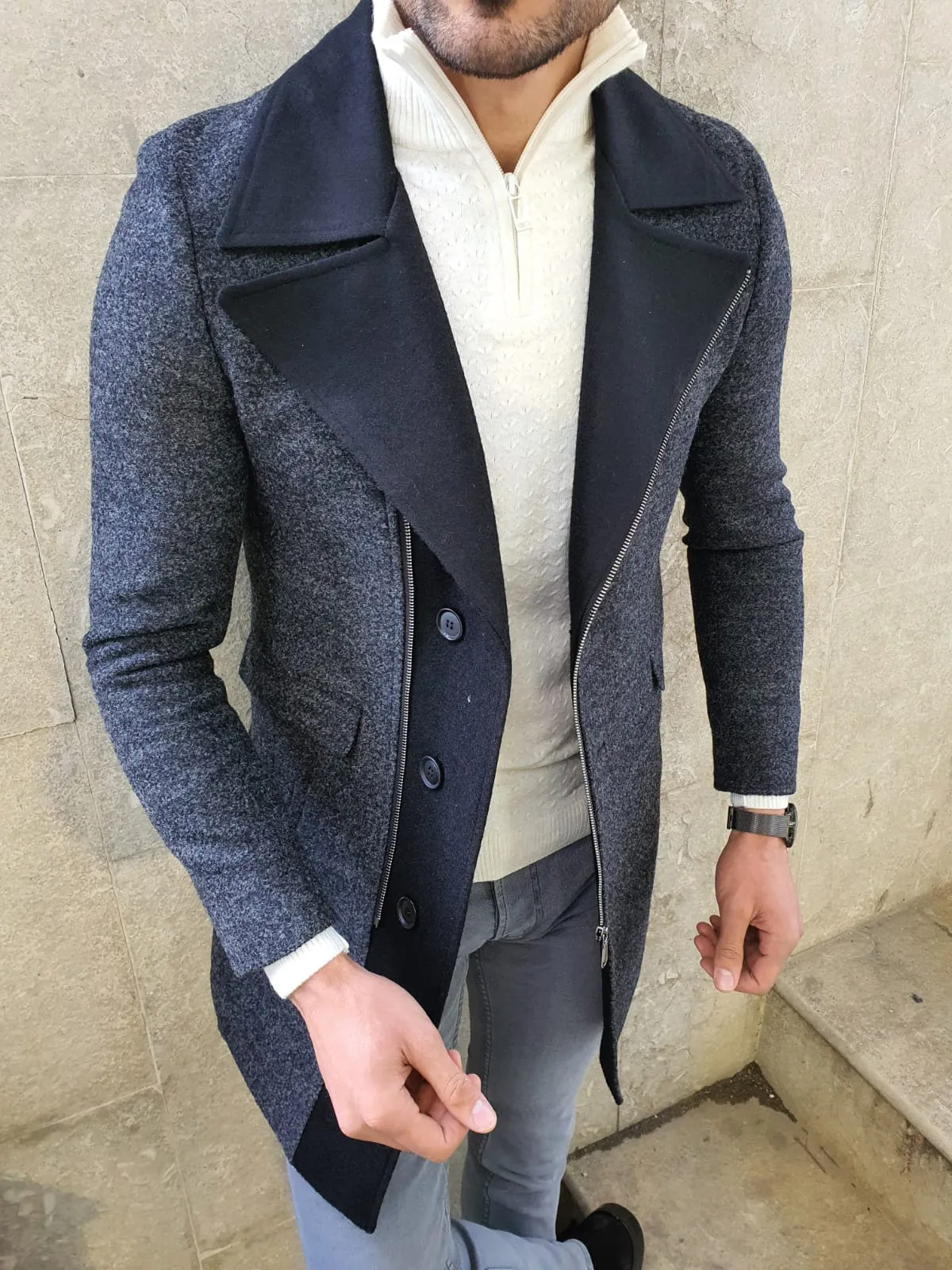 Lance Anthracite Slim Fit Zippered Woolen Coat
