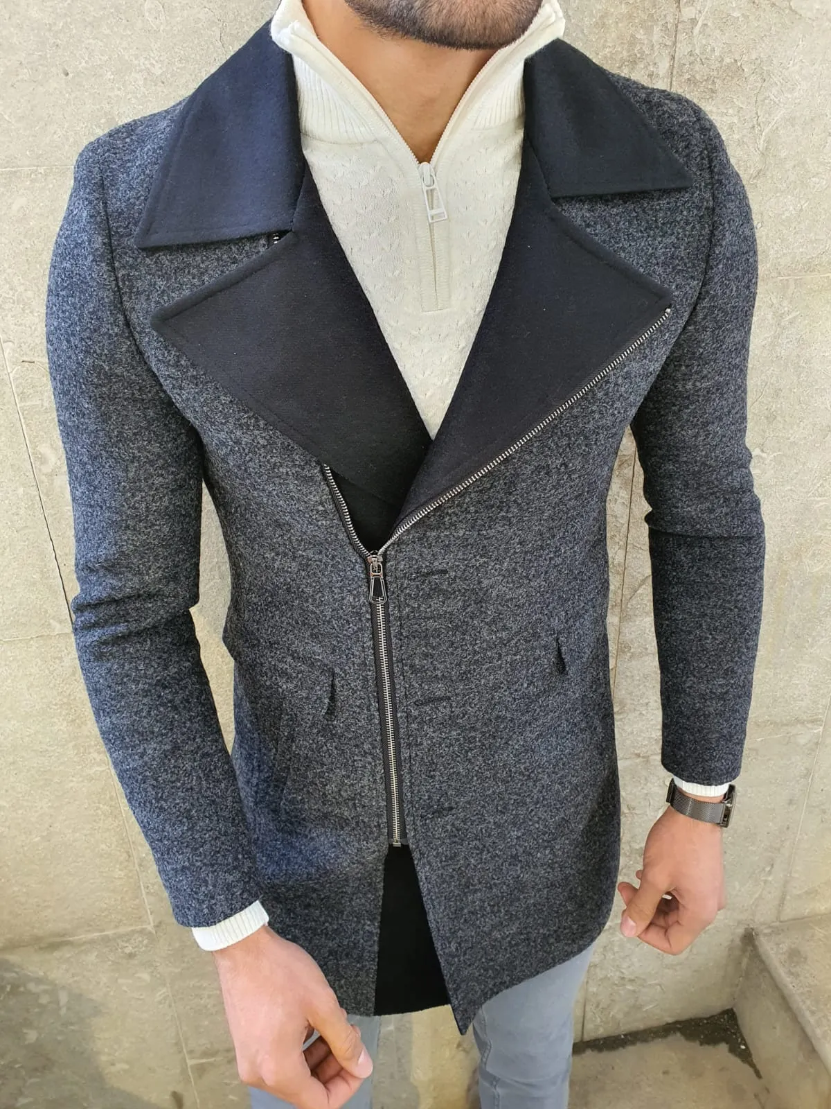 Lance Anthracite Slim Fit Zippered Woolen Coat