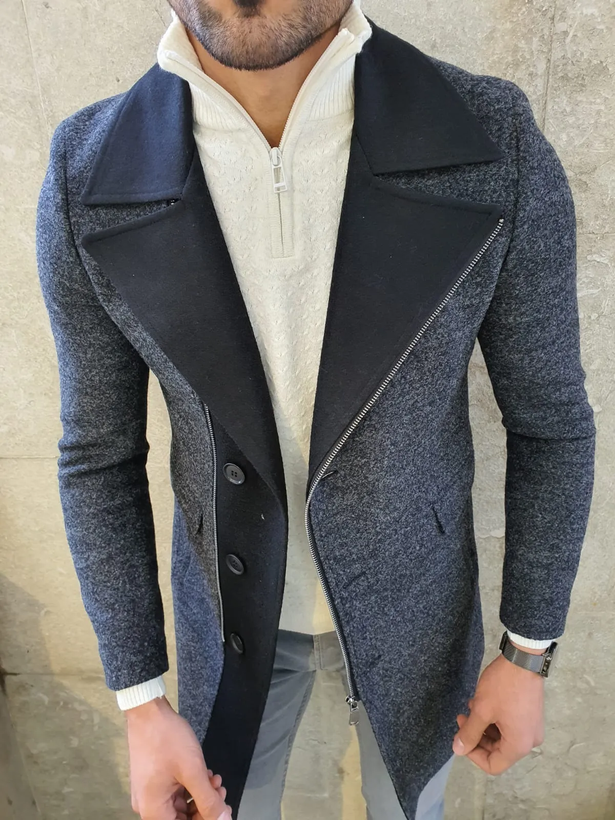 Lance Anthracite Slim Fit Zippered Woolen Coat