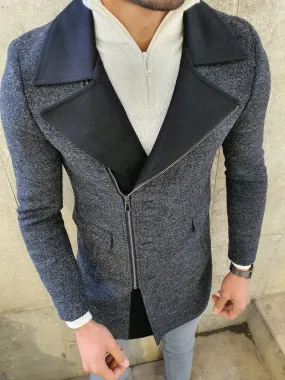 Lance Anthracite Slim Fit Zippered Woolen Coat