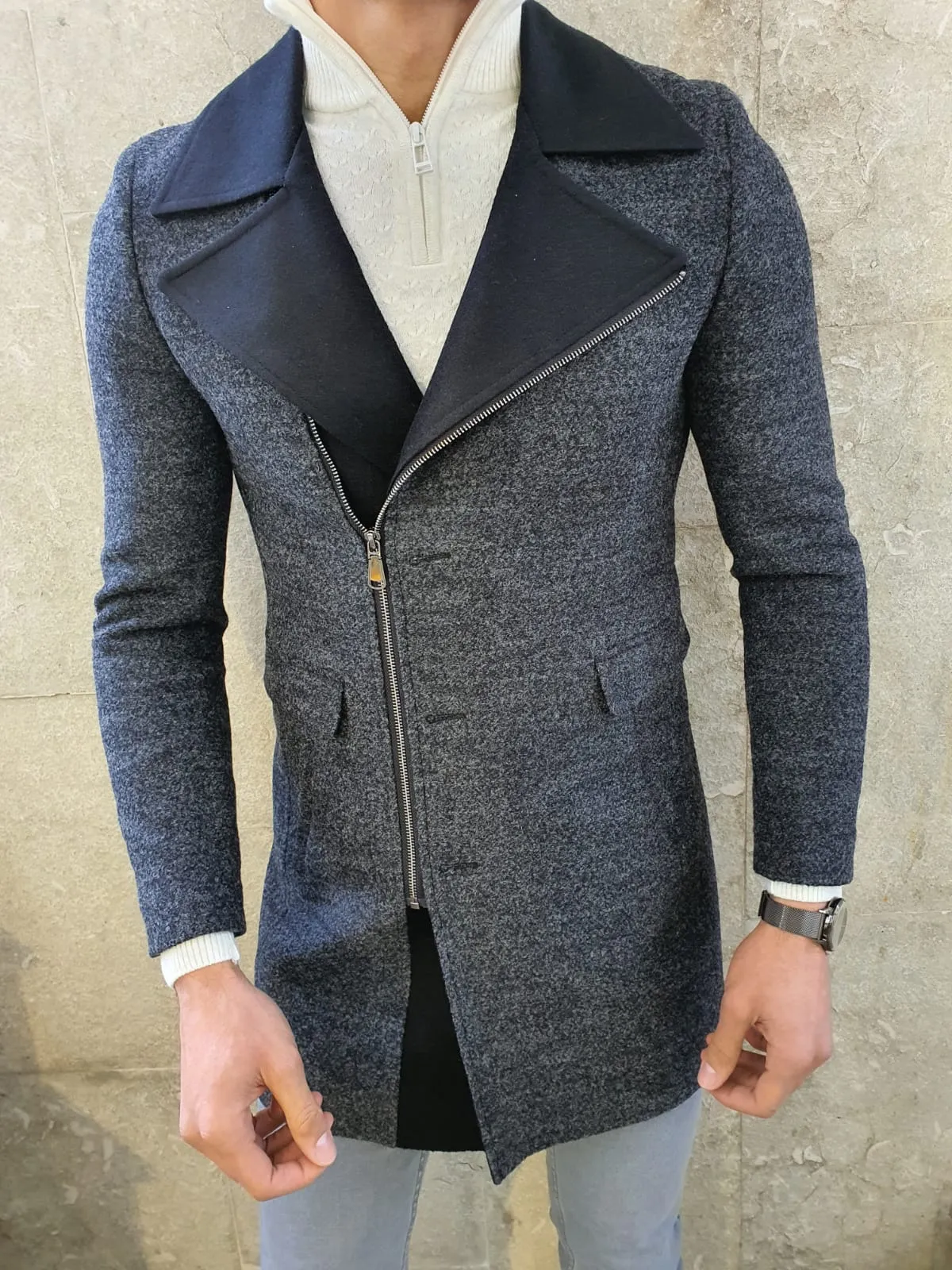Lance Anthracite Slim Fit Zippered Woolen Coat