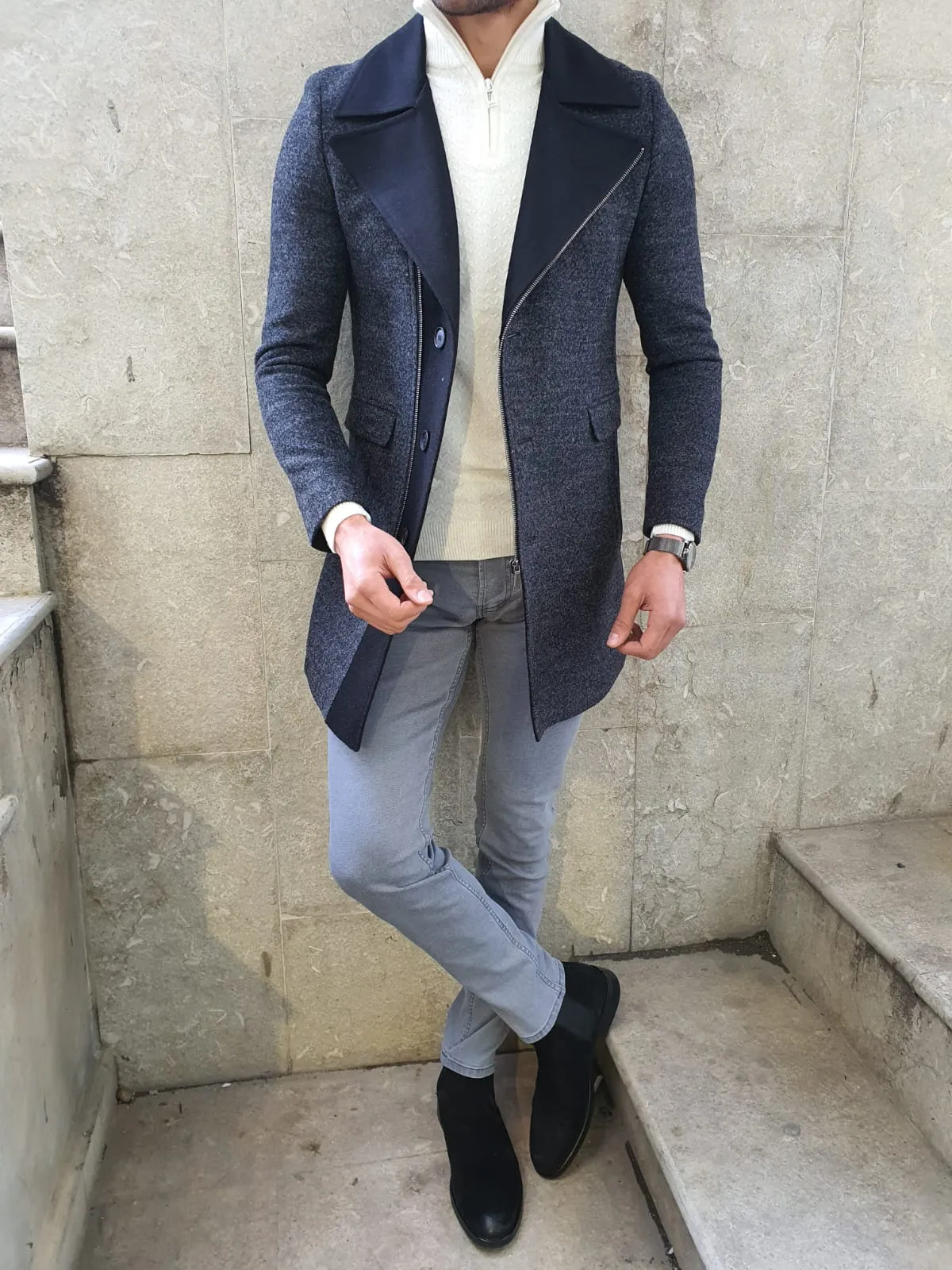 Lance Anthracite Slim Fit Zippered Woolen Coat