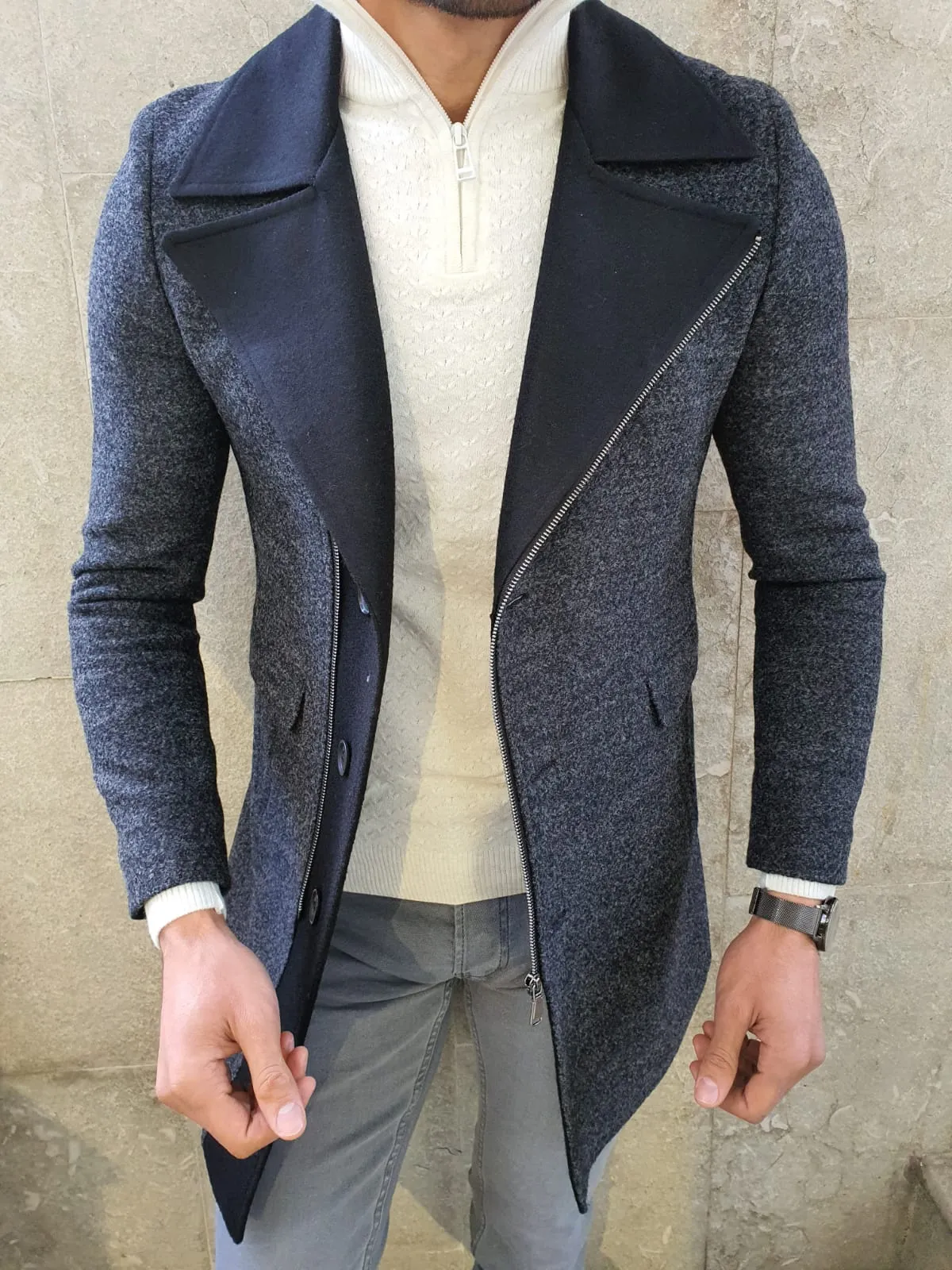Lance Anthracite Slim Fit Zippered Woolen Coat