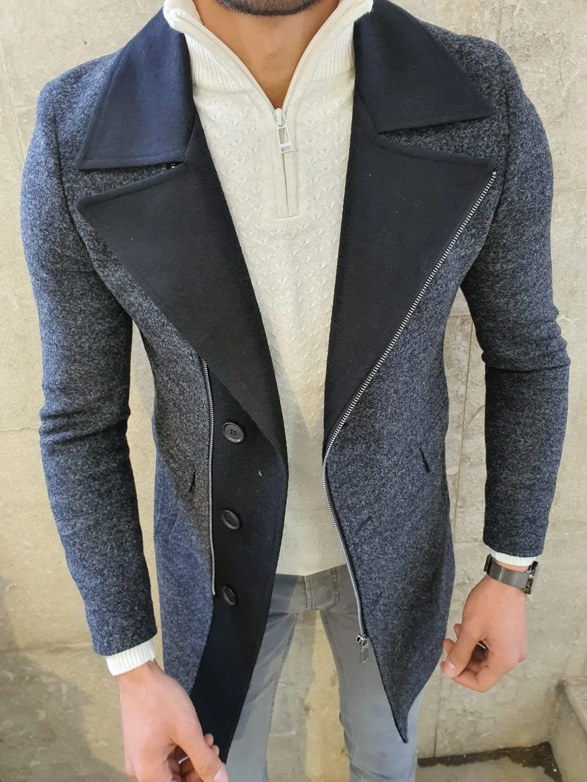 Lance Anthracite Slim Fit Zippered Woolen Coat