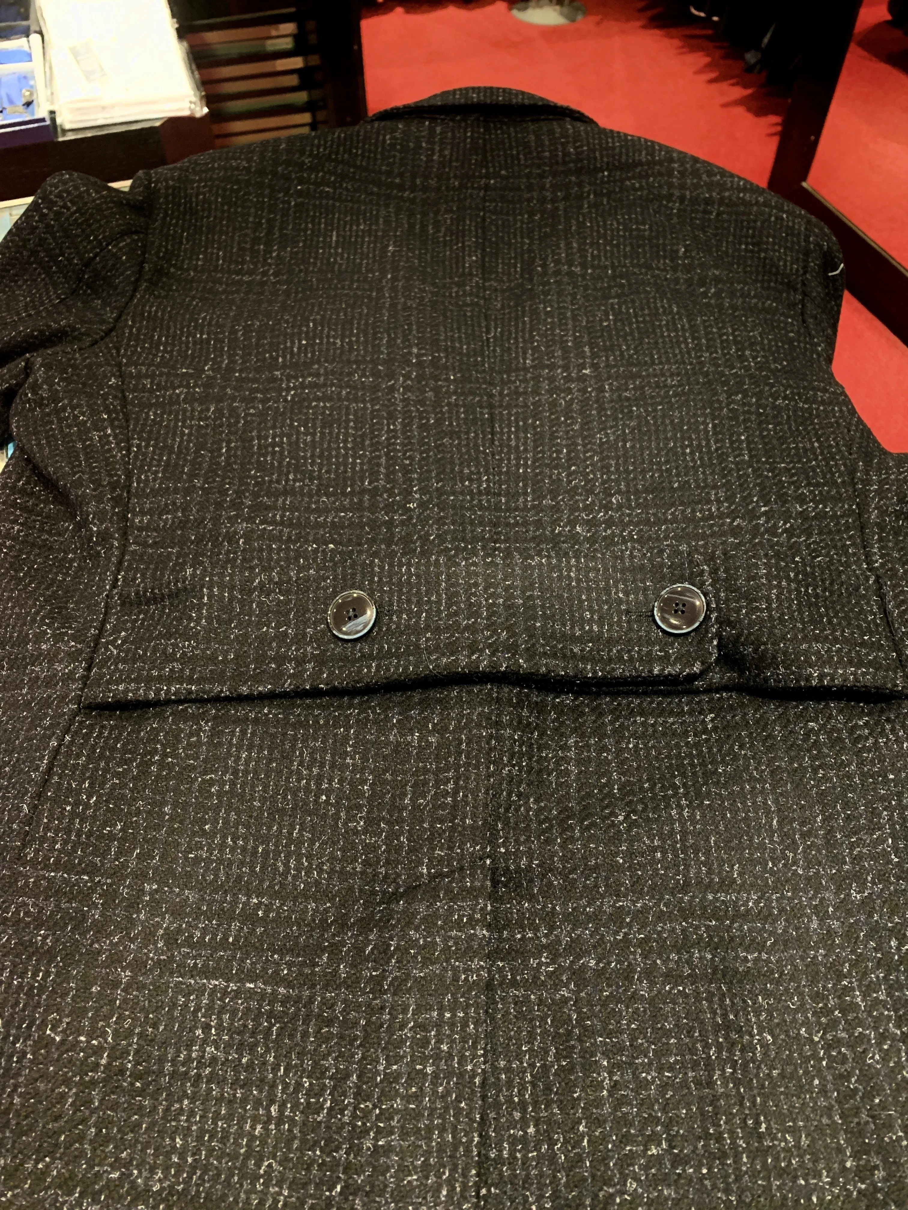 LBM Over Coat: Double Breasted Navy Plaid Wool with Back Strap