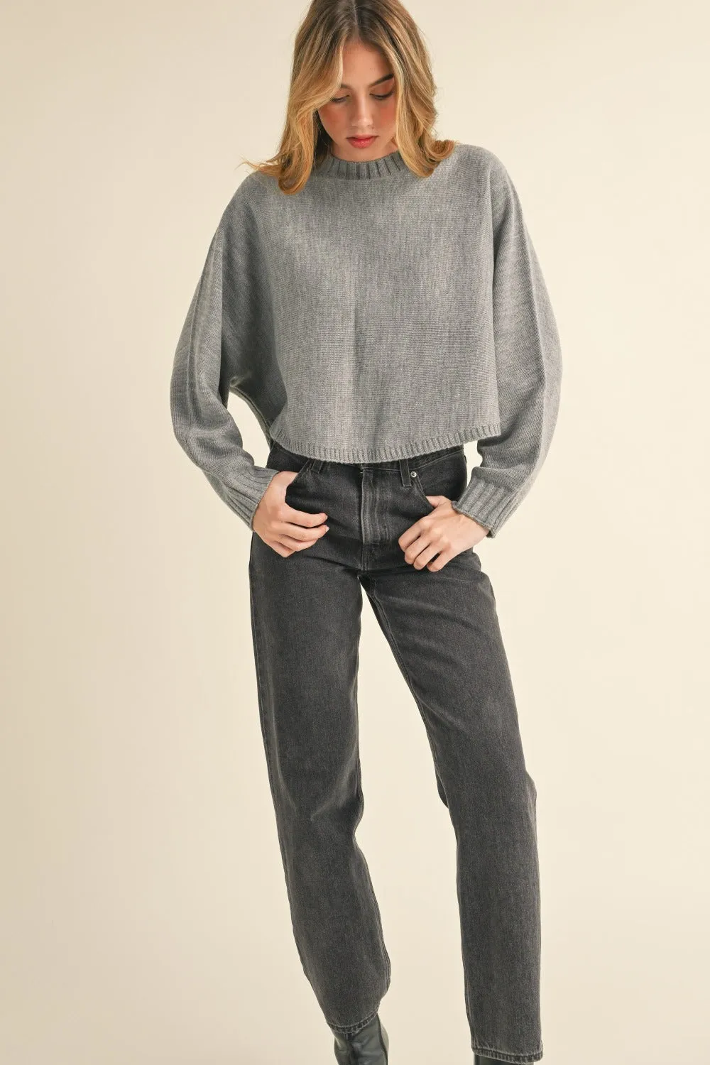 Long Dolman Sleeve Loose Crop Sweater in Grey
