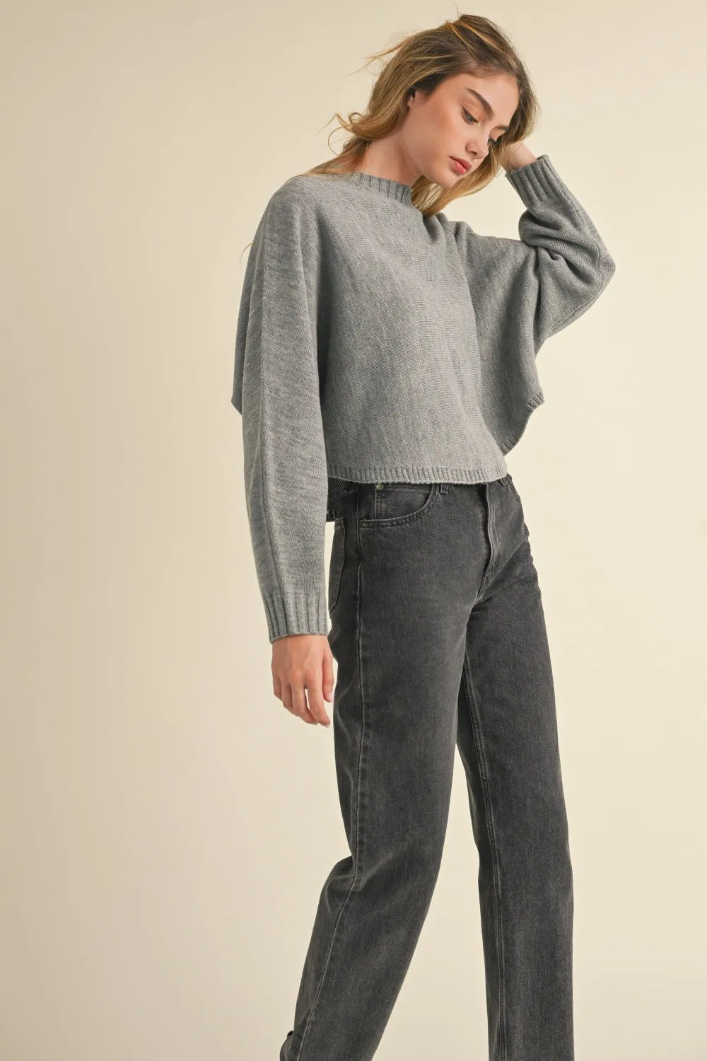 Long Dolman Sleeve Loose Crop Sweater in Grey