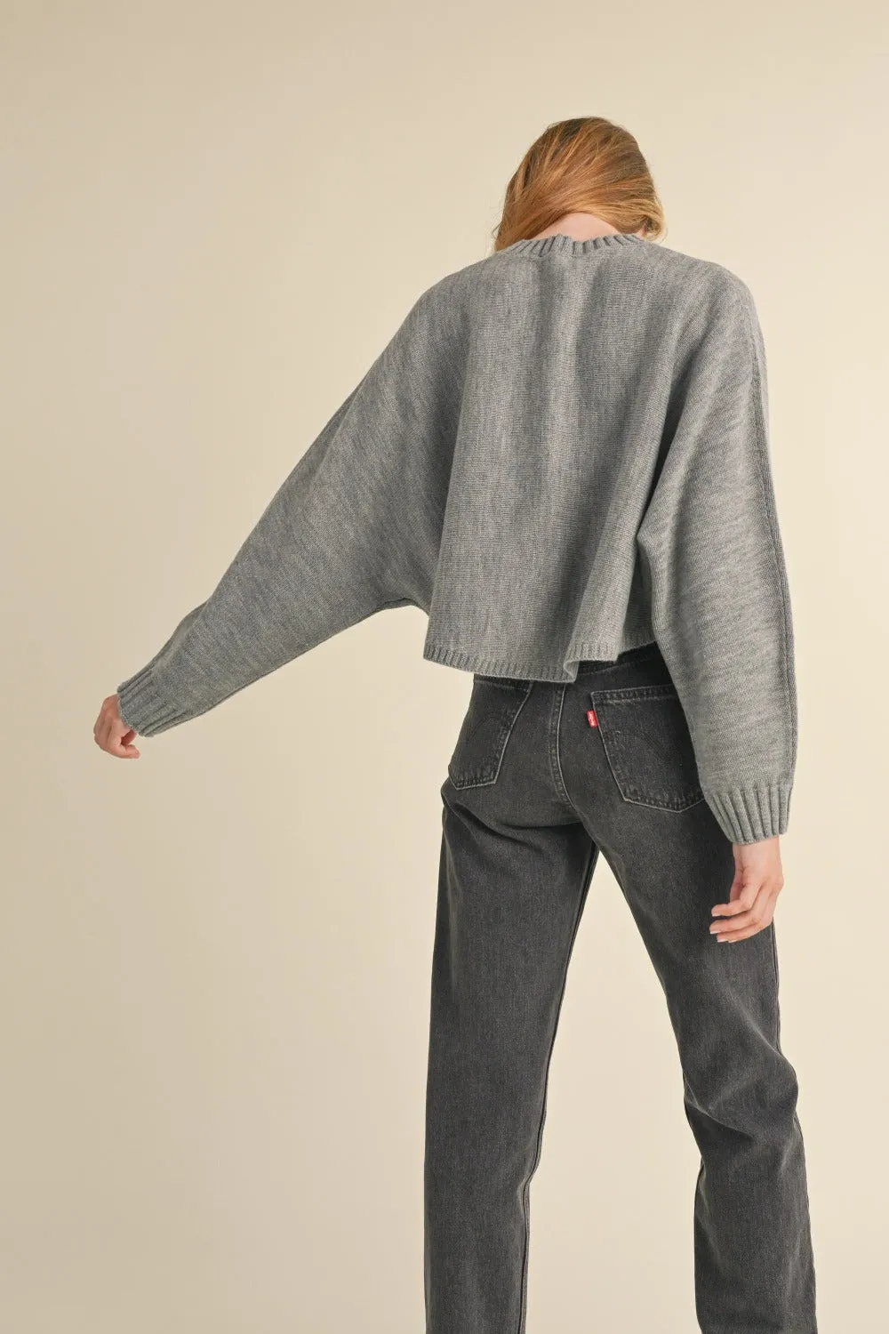 Long Dolman Sleeve Loose Crop Sweater in Grey