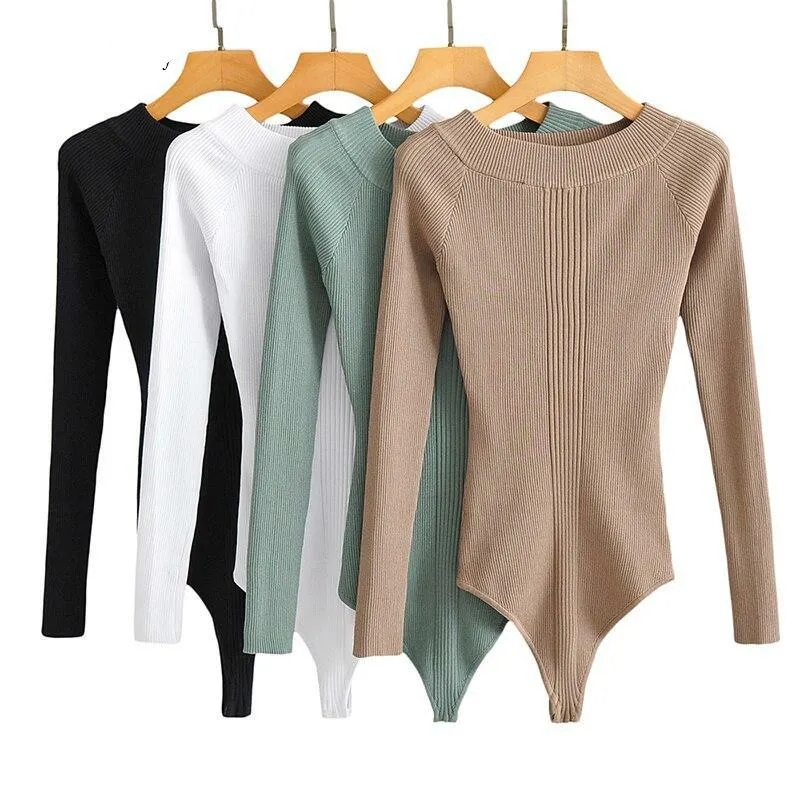 Long Sleeve Ribbed Knit Bodysuit - Multiple Colors
