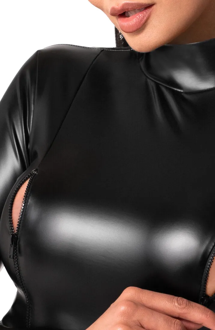 Long-sleeve wet look bodysuit with bust zip - Obscene Fantasy