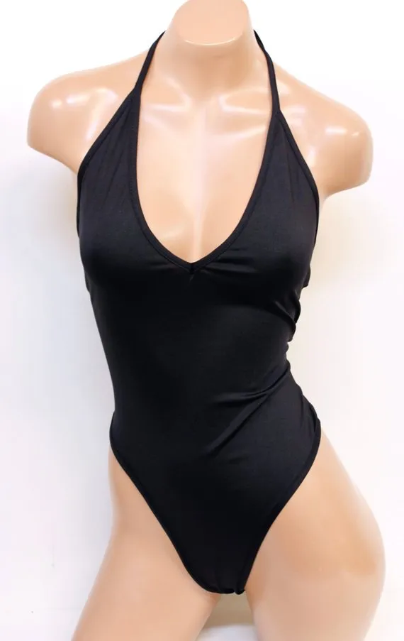 Lycra High Cut Halter Bodysuit in Black