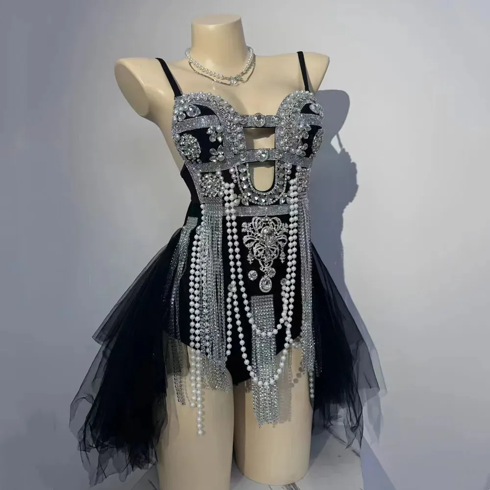 Material Girl Silver Rhinestones Tassel Bodysuit Nightclub Stage Wear Singer Stage Performance Costume