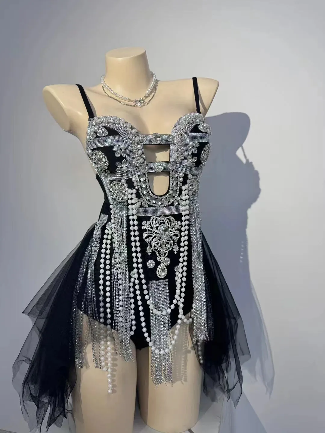 Material Girl Silver Rhinestones Tassel Bodysuit Nightclub Stage Wear Singer Stage Performance Costume