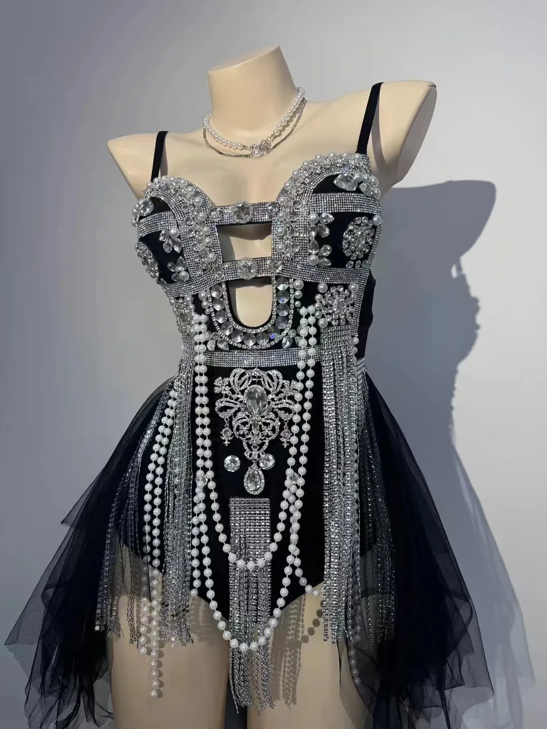 Material Girl Silver Rhinestones Tassel Bodysuit Nightclub Stage Wear Singer Stage Performance Costume