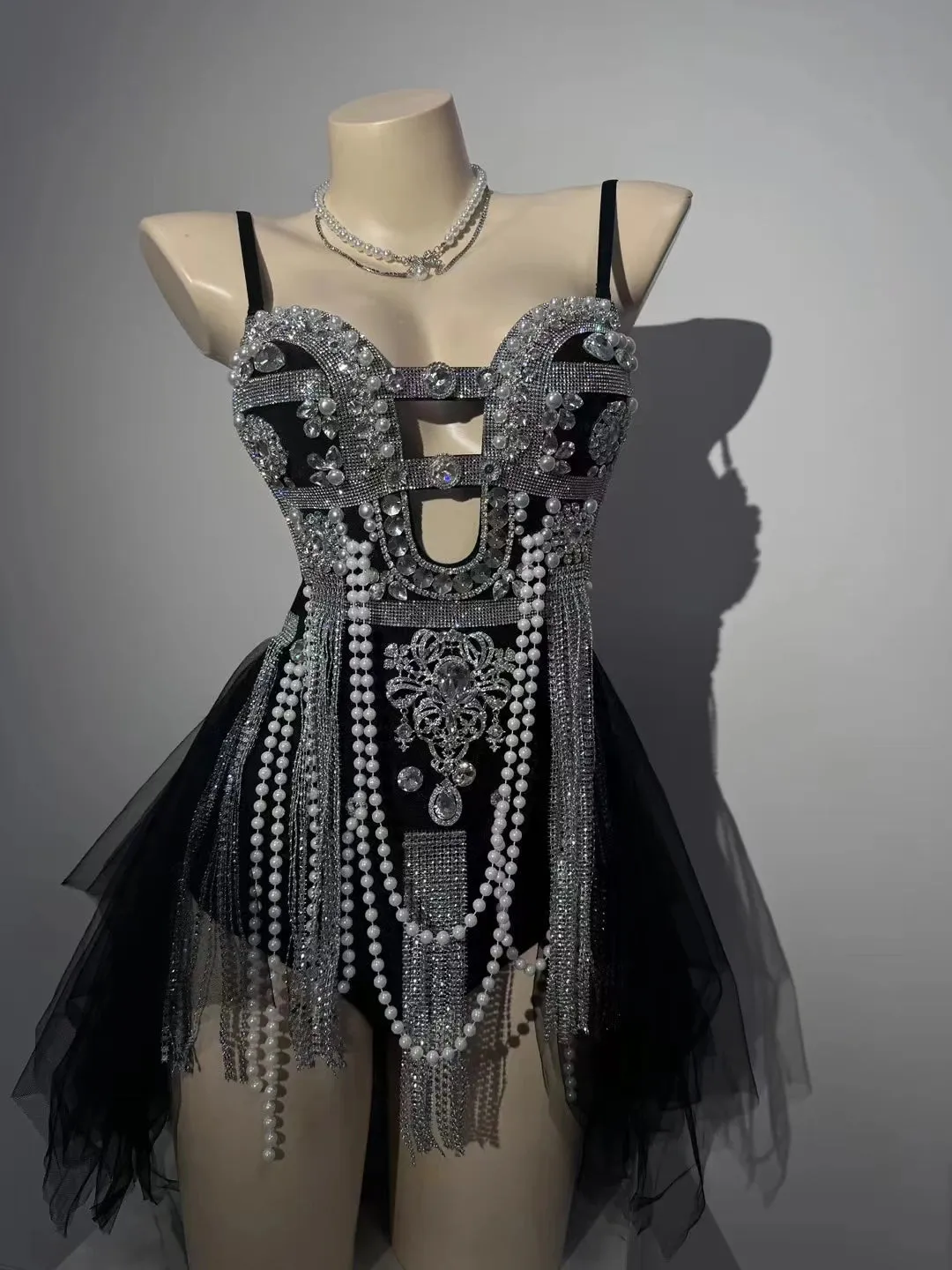 Material Girl Silver Rhinestones Tassel Bodysuit Nightclub Stage Wear Singer Stage Performance Costume