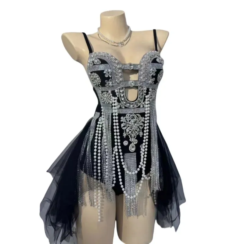 Material Girl Silver Rhinestones Tassel Bodysuit Nightclub Stage Wear Singer Stage Performance Costume