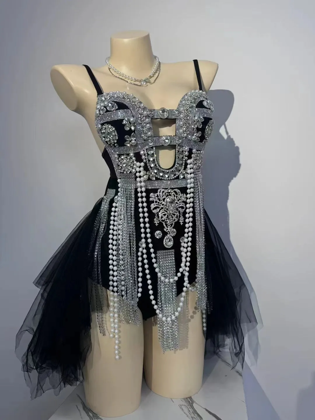 Material Girl Silver Rhinestones Tassel Bodysuit Nightclub Stage Wear Singer Stage Performance Costume