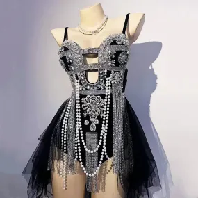 Material Girl Silver Rhinestones Tassel Bodysuit Nightclub Stage Wear Singer Stage Performance Costume
