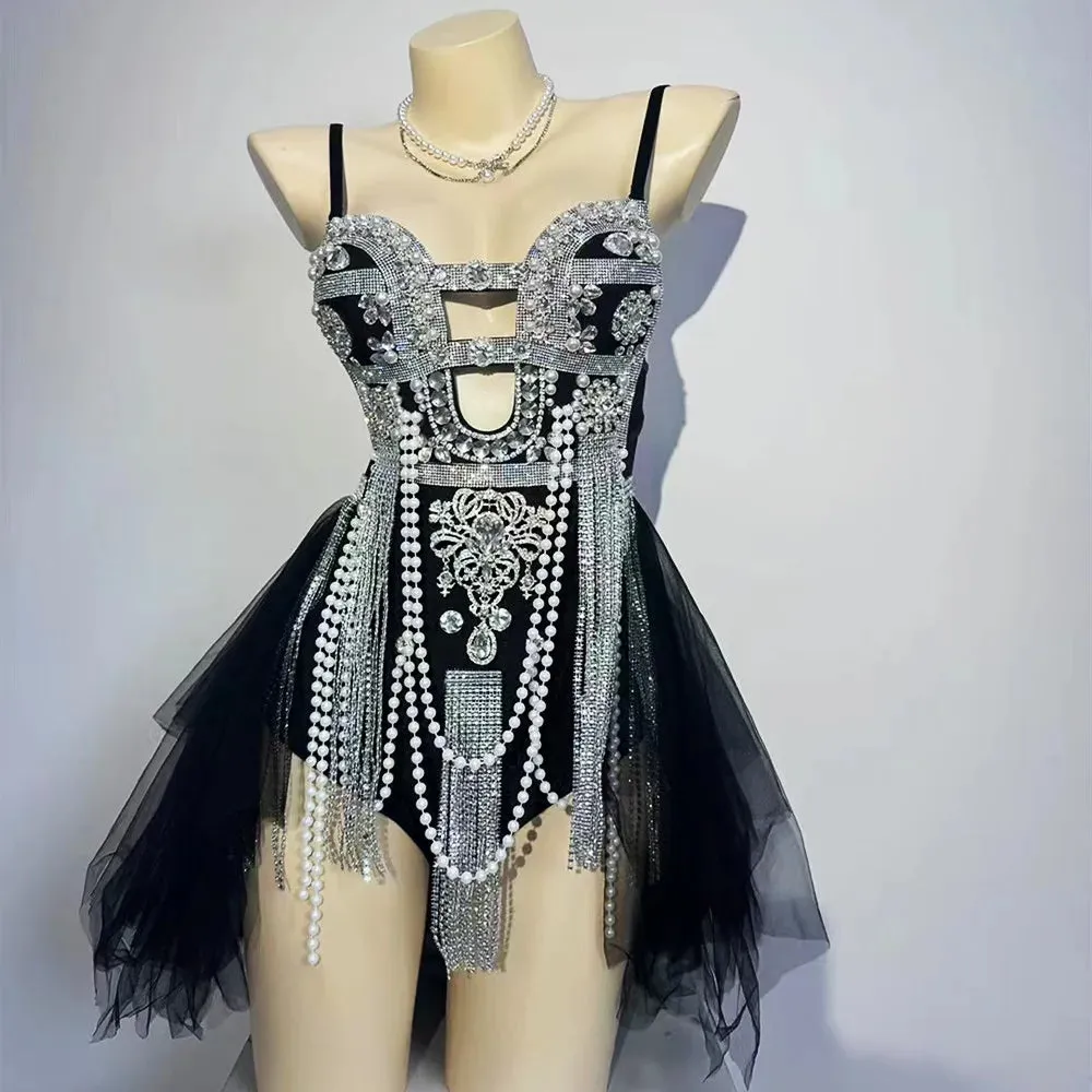 Material Girl Silver Rhinestones Tassel Bodysuit Nightclub Stage Wear Singer Stage Performance Costume