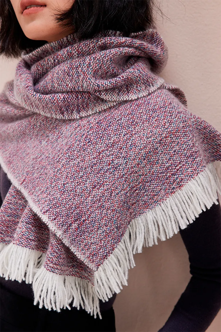 Multi-colored Yarn Textured Woven Fringed 100 Cashmere Scarf