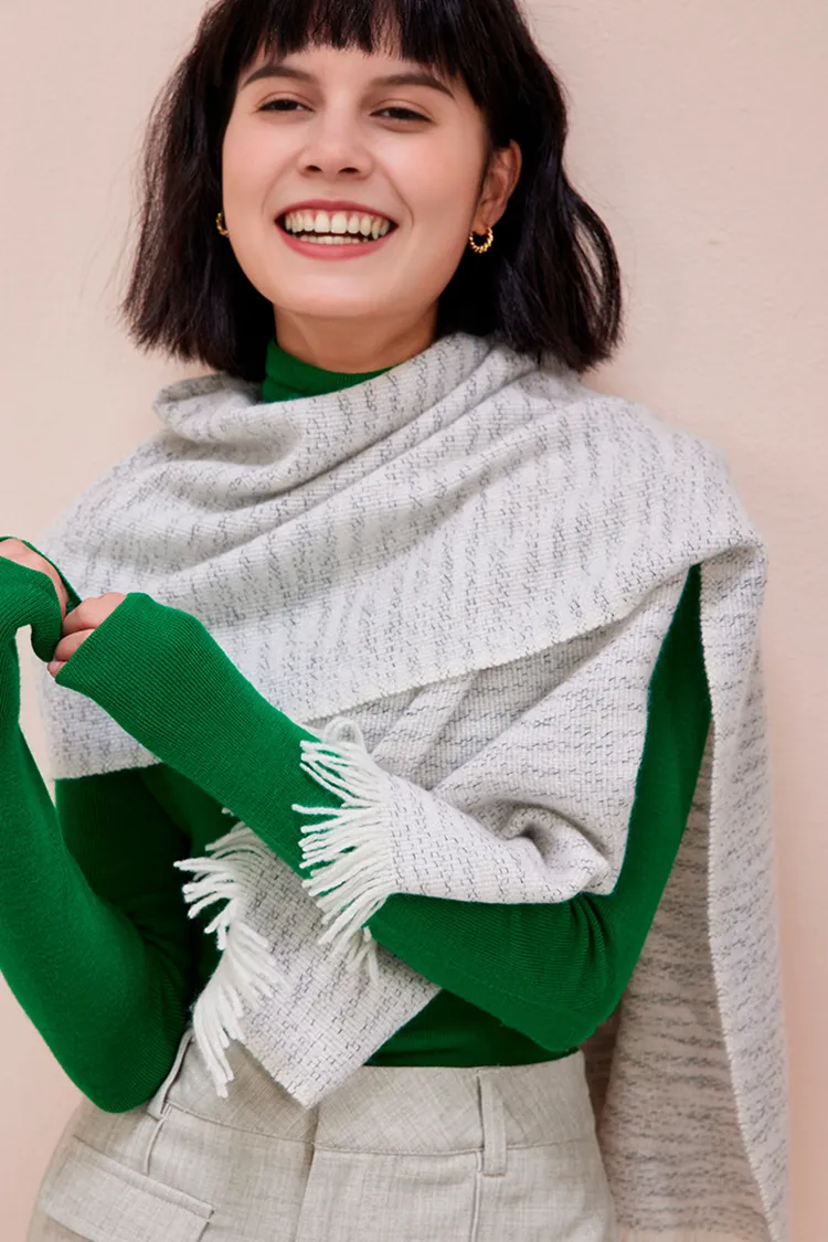Multi-colored Yarn Textured Woven Fringed 100 Cashmere Scarf