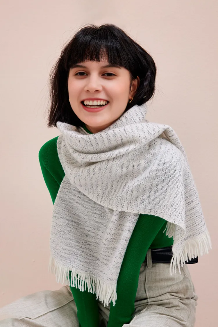 Multi-colored Yarn Textured Woven Fringed 100 Cashmere Scarf