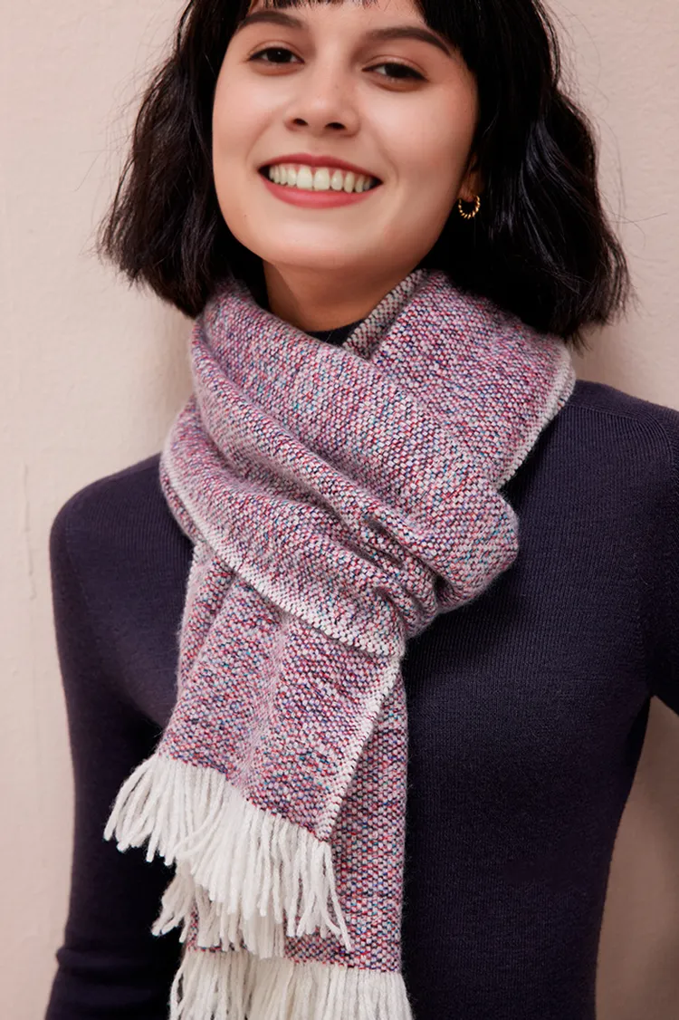 Multi-colored Yarn Textured Woven Fringed 100 Cashmere Scarf