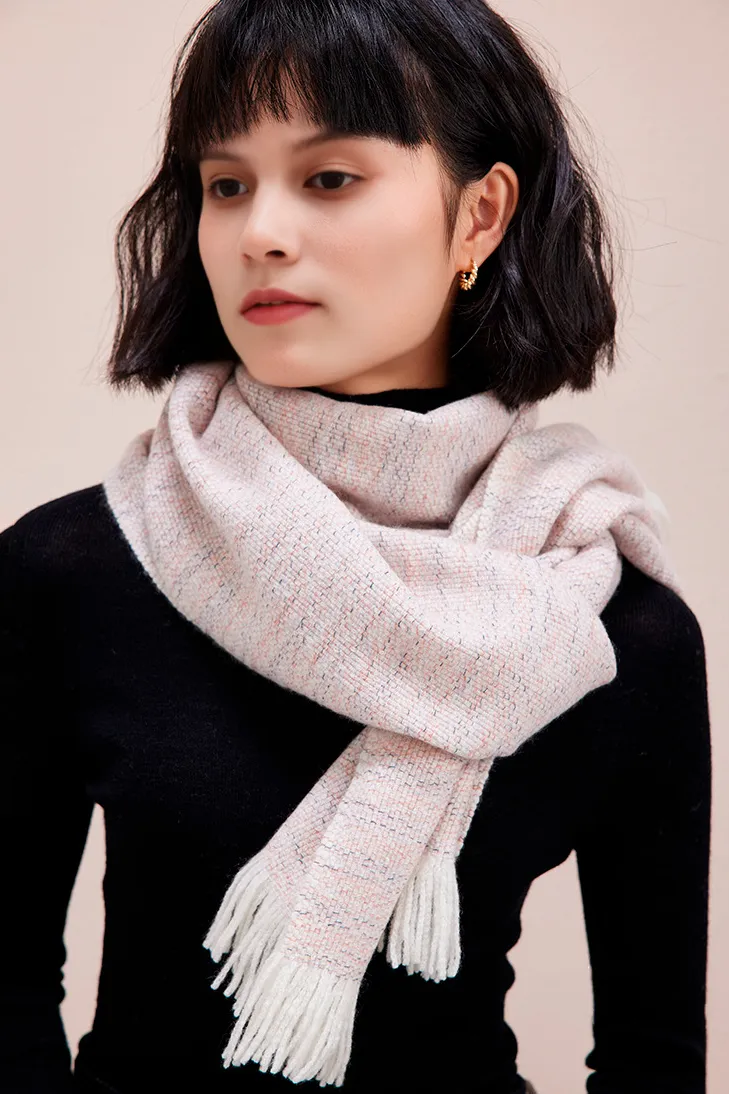 Multi-colored Yarn Textured Woven Fringed 100 Cashmere Scarf
