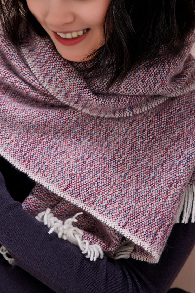 Multi-colored Yarn Textured Woven Fringed 100 Cashmere Scarf