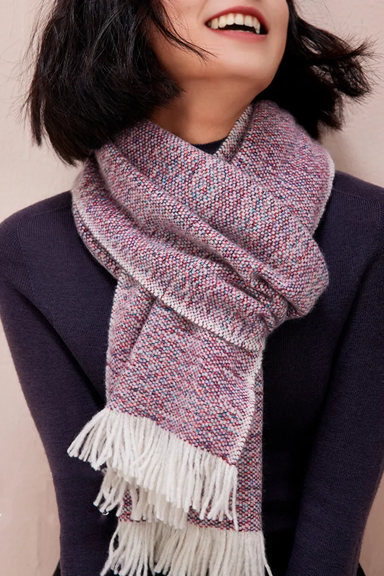 Multi-colored Yarn Textured Woven Fringed 100 Cashmere Scarf