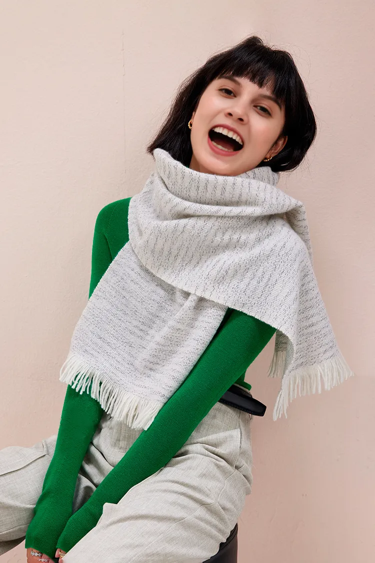 Multi-colored Yarn Textured Woven Fringed 100 Cashmere Scarf