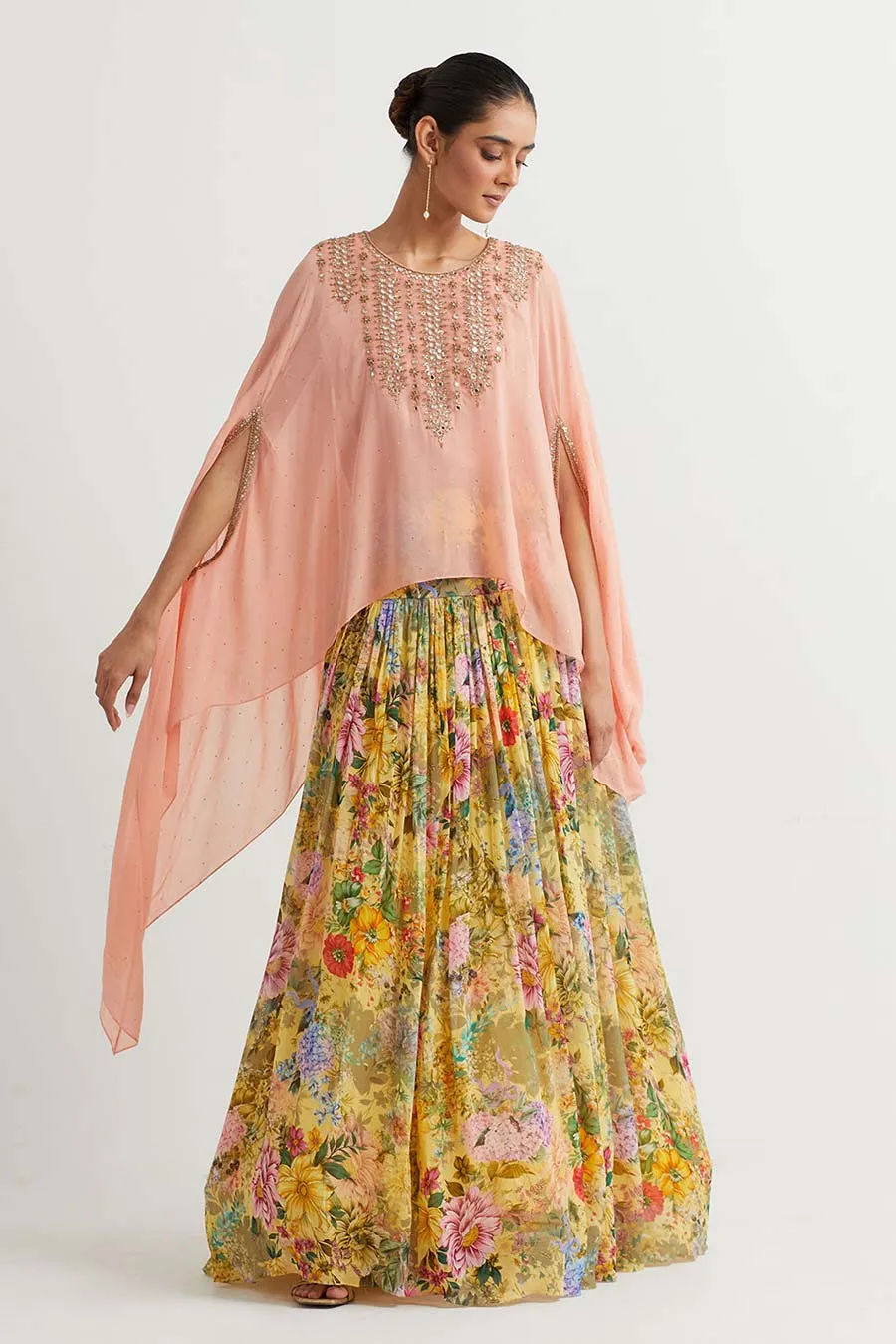 Peach Embroidered Cape & Printed Skirt Set