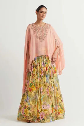 Peach Embroidered Cape & Printed Skirt Set