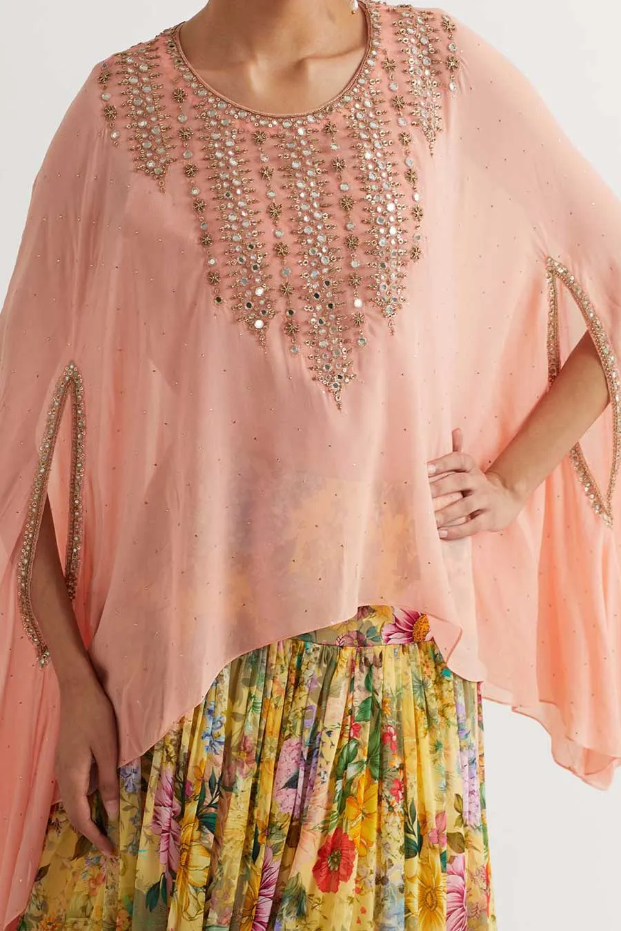 Peach Embroidered Cape & Printed Skirt Set