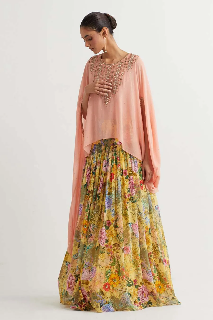 Peach Embroidered Cape & Printed Skirt Set