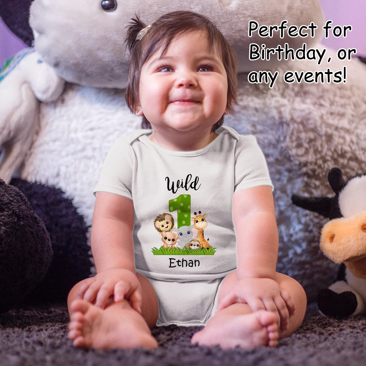 [Personalized] Endanzoo One Birthday Organic Baby Bodysuit - Wild 1 Jungle Animals