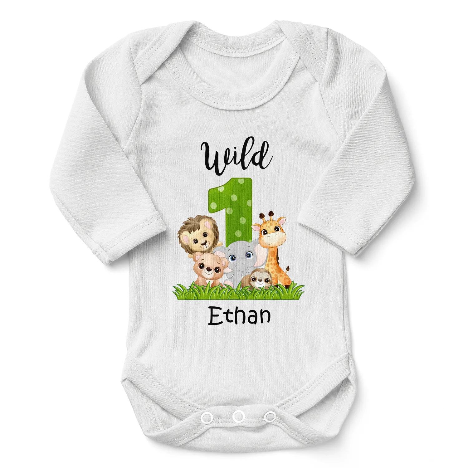 [Personalized] Endanzoo One Birthday Organic Baby Bodysuit - Wild 1 Jungle Animals