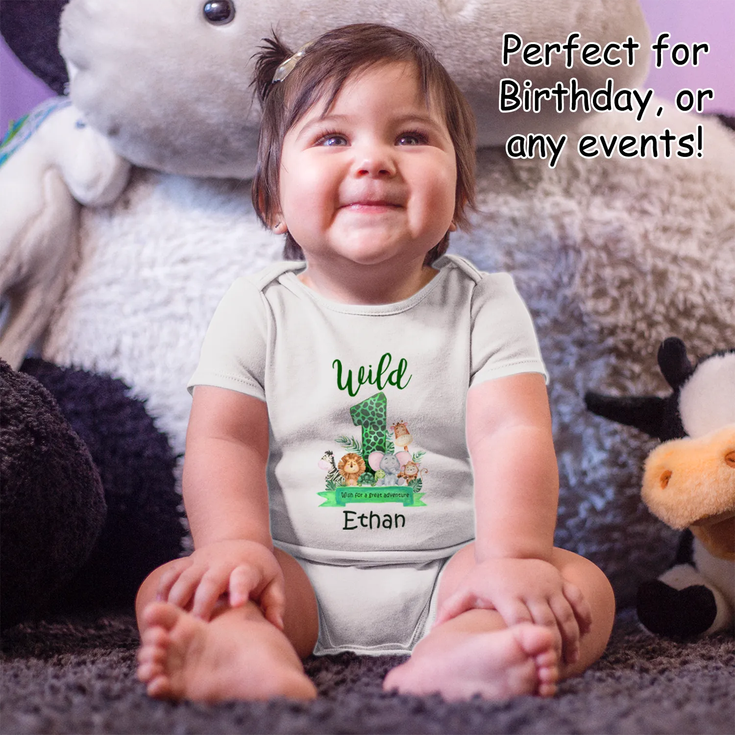 [Personalized] Endanzoo One Birthday Organic Baby Bodysuit - Wild ONE Animals Wish