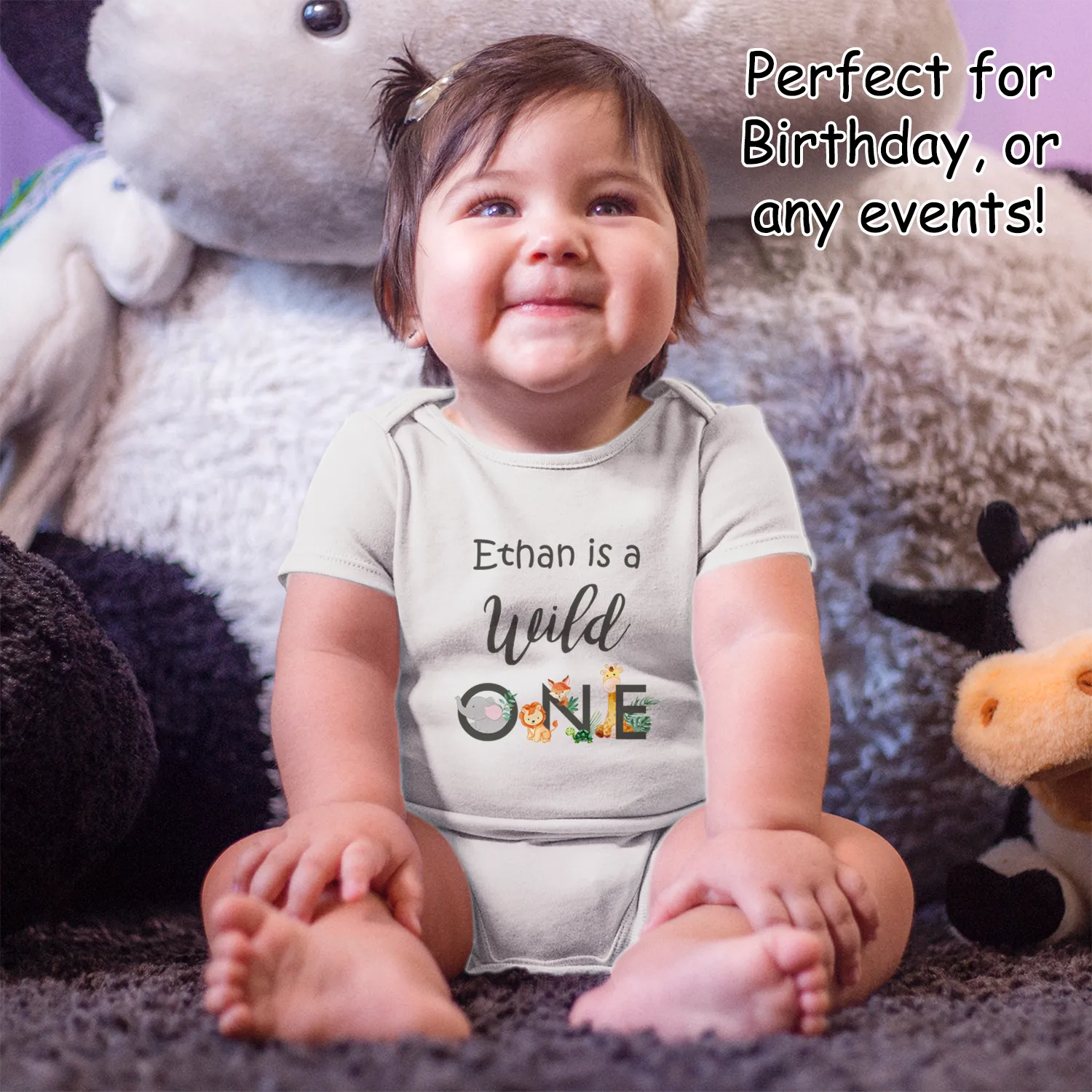 [Personalized] Endanzoo One Birthday Organic Baby Bodysuit - Wild ONE Safari Animals