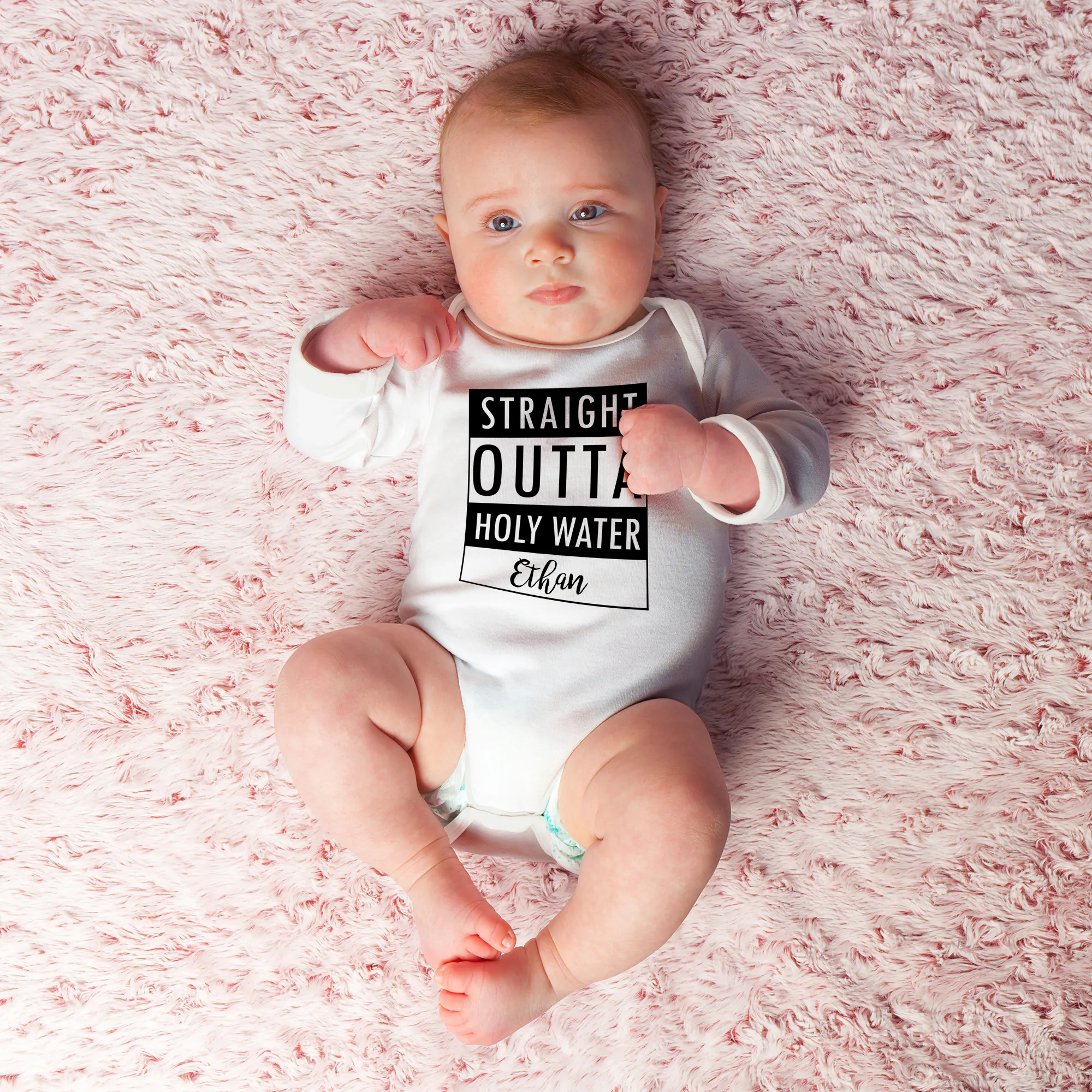 [Personalized] Endanzoo Organic Baby Bodysuit - Straight Outta Holy Water Baptism / Christening Day (White)