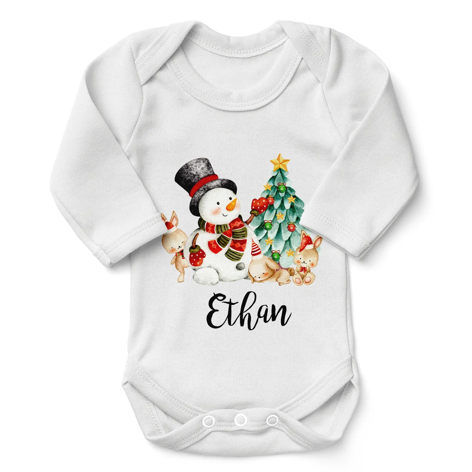 [Personalized] Endanzoo Organic Long Sleeves Baby Bodysuit - Christmas Snowman & Friends